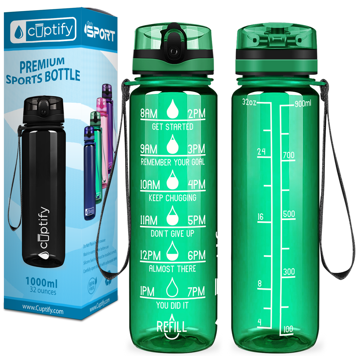 Cuptify Green Gloss 32 oz Motivational Water Bottle