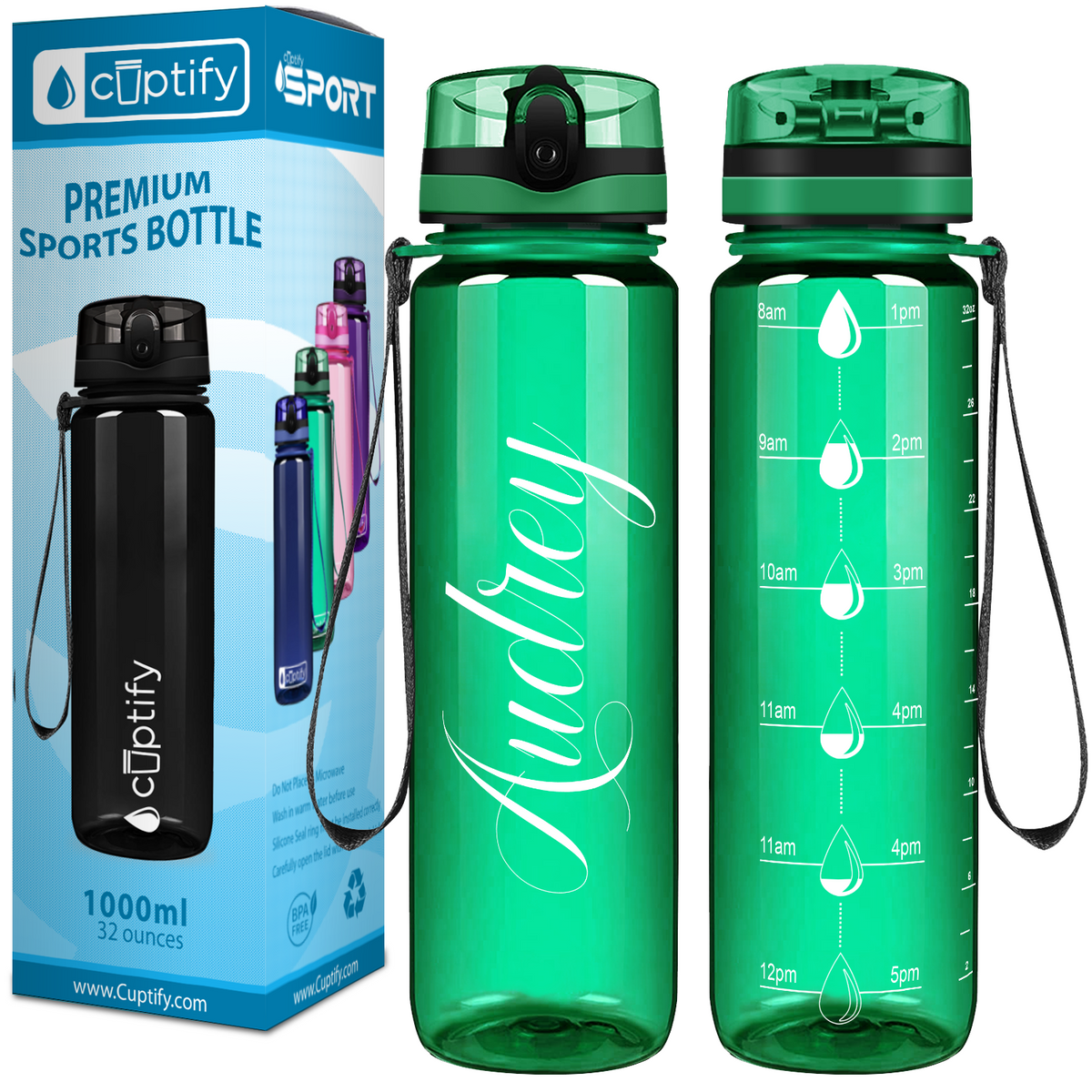 Green 32 oz Personalized Motivational Tracking Water Bottle