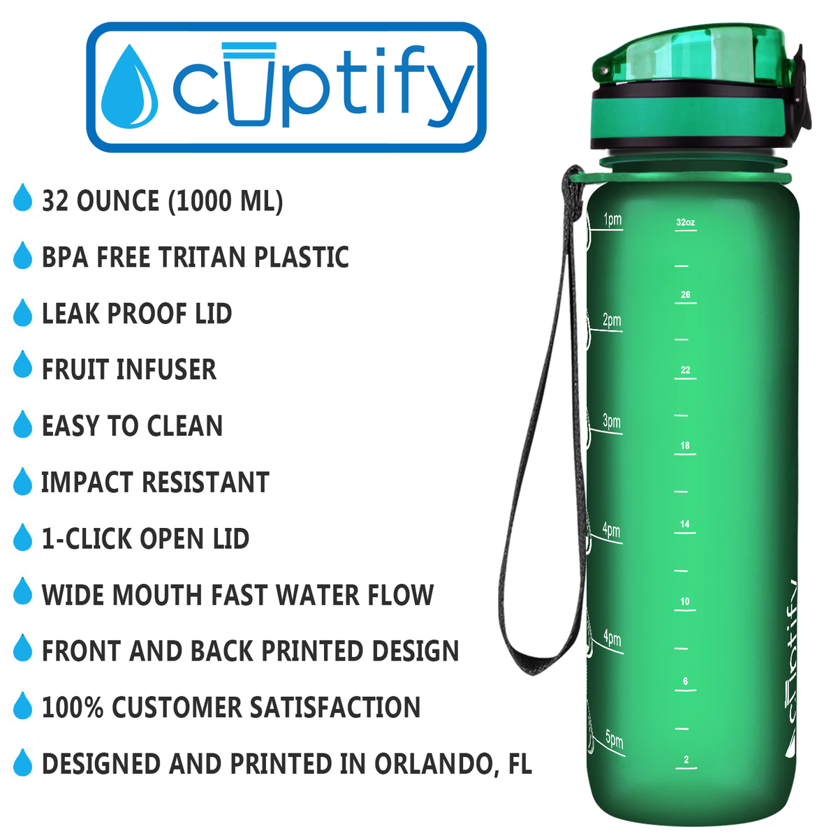 Green Frosted 32 oz Hydration Tracker Water Bottle