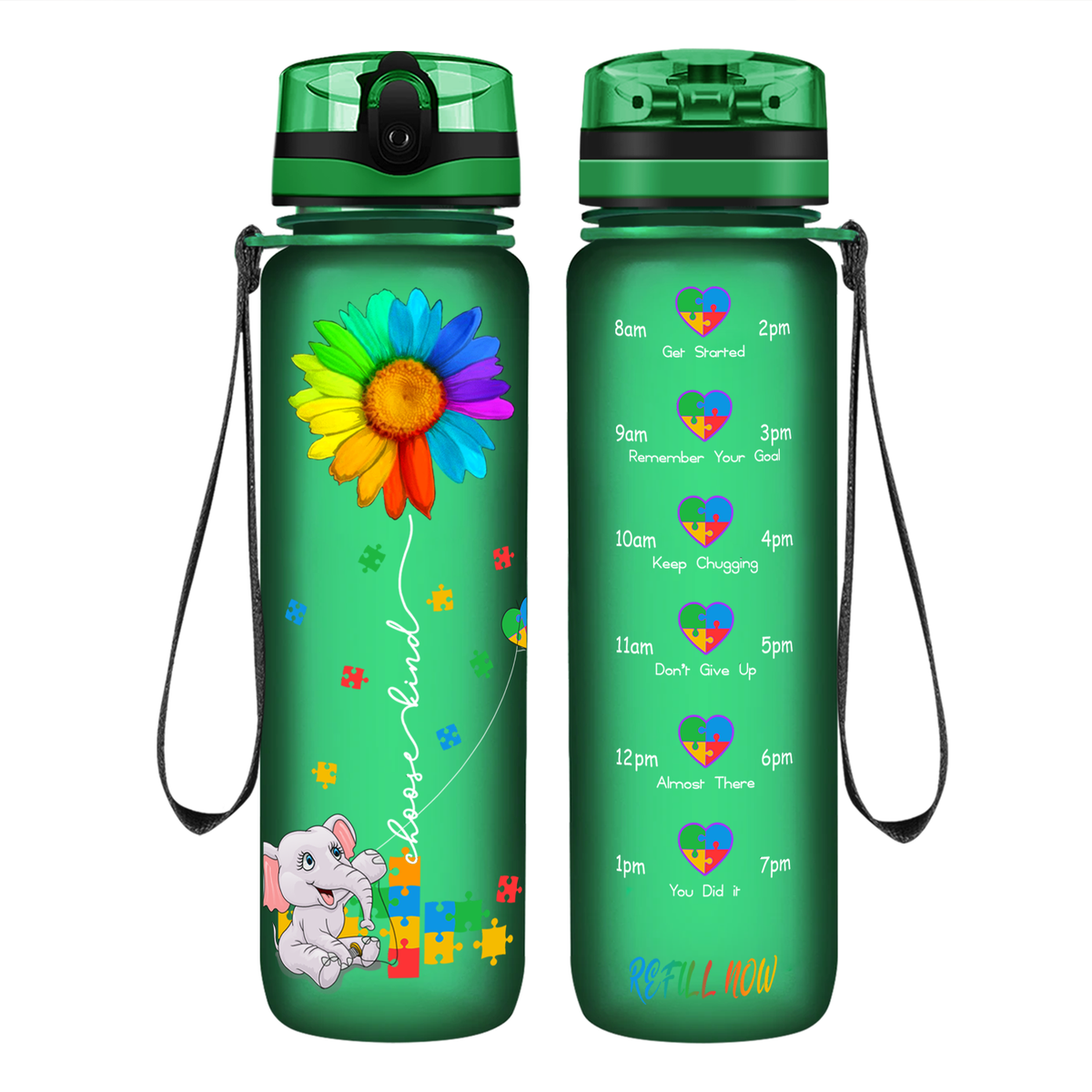 Autism Elephant Kindness Kite on 32 oz Motivational Tracking Water Bottle