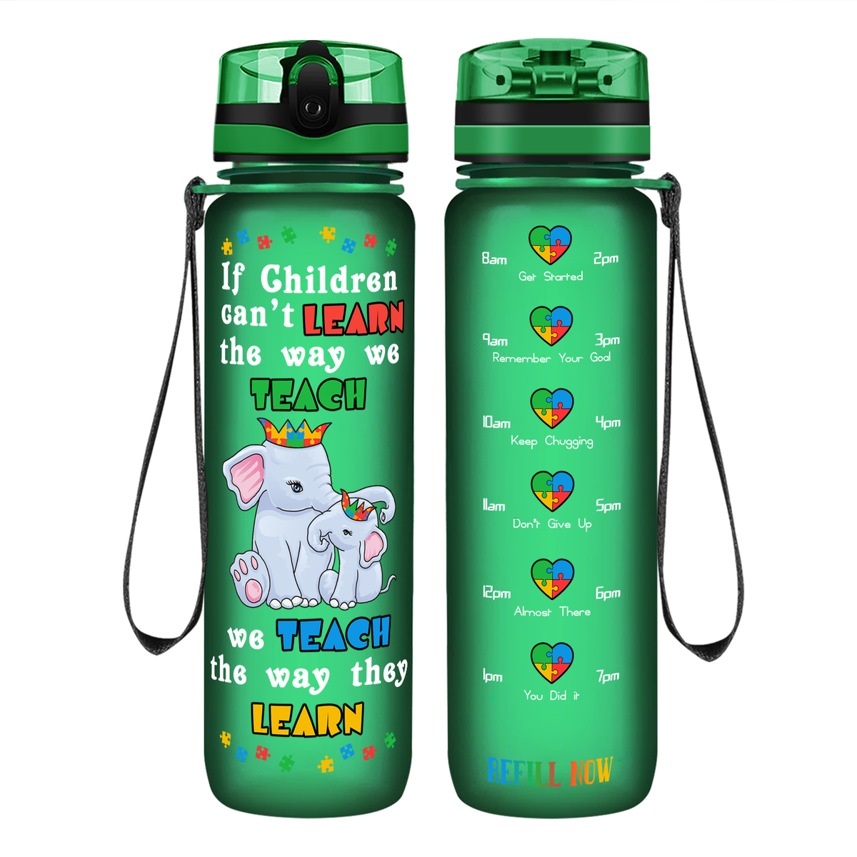 Teach The Way They Learn Elephants on 32 oz Motivational Tracking Autism Water Bottle