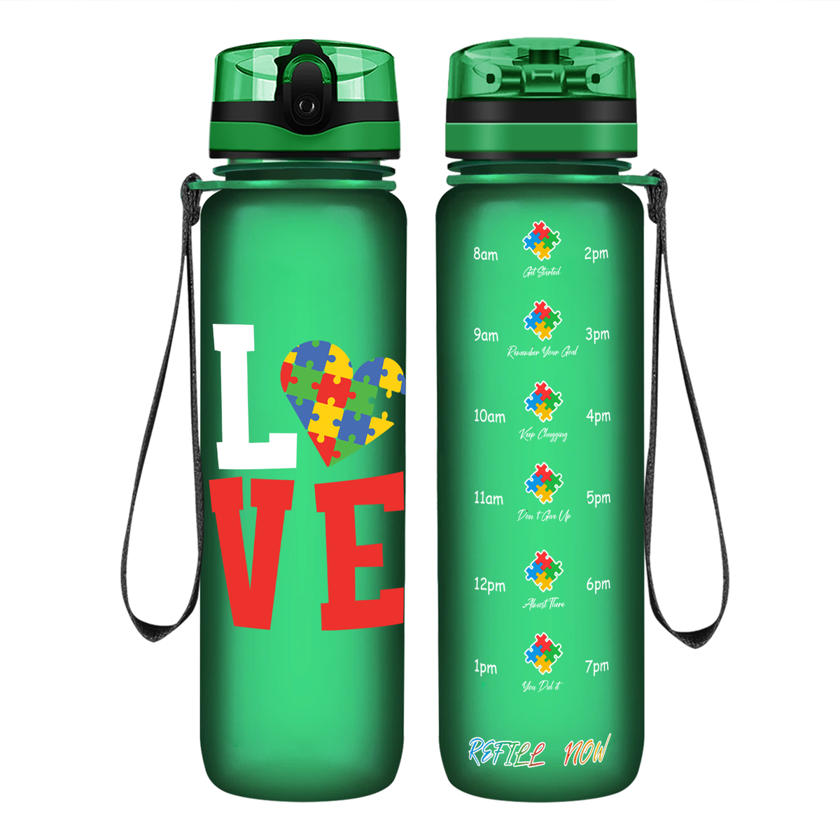 Autism Love on 32 oz Motivational Tracking Water Bottle