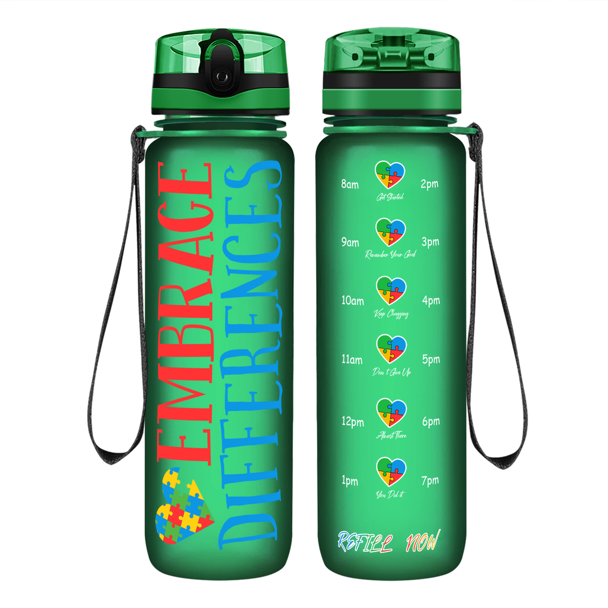 Embrace Differences on 32 oz Motivational Tracking Autism Water Bottle