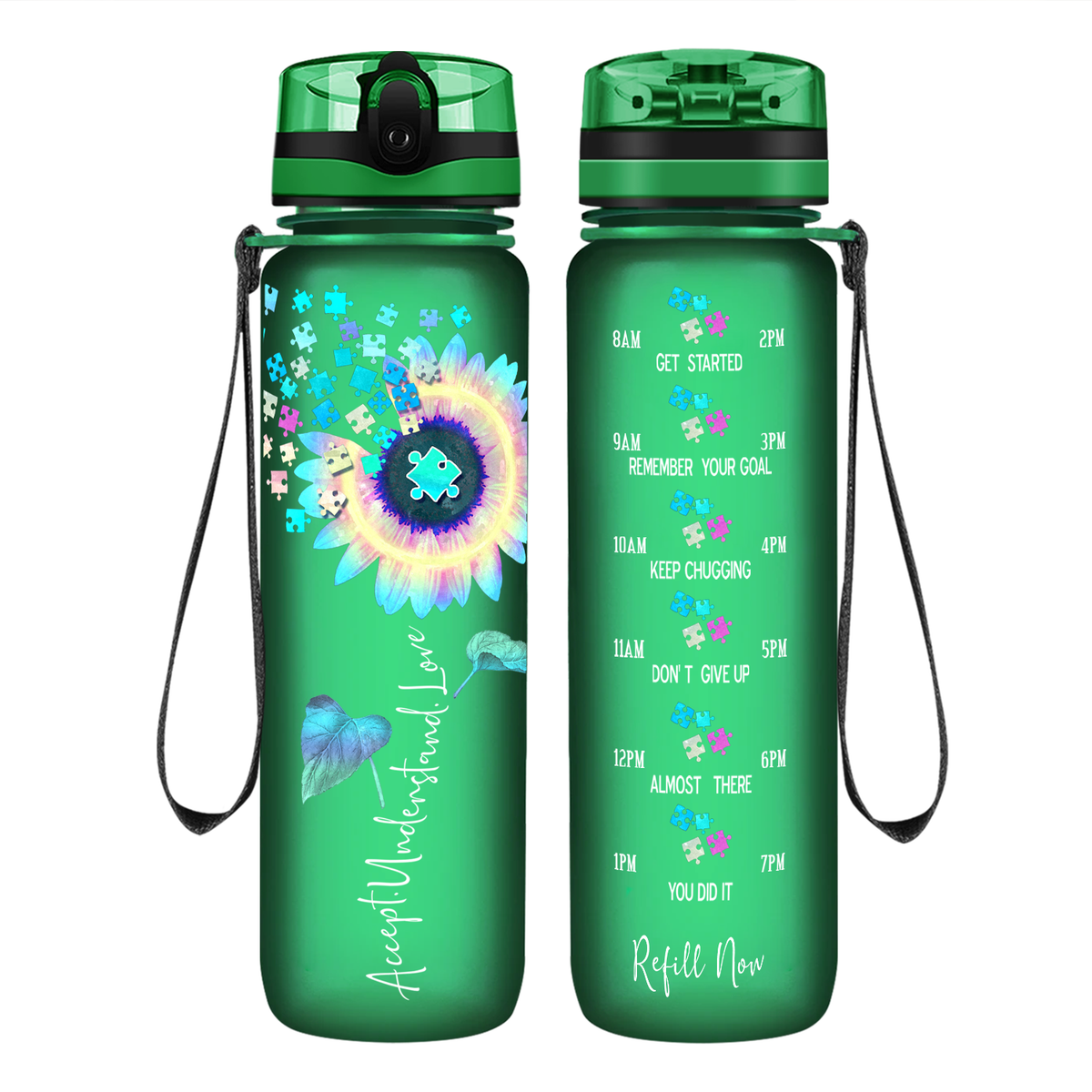 Accept Understand Love Autism Sunflower 32 oz Motivational Tracking Water Bottle