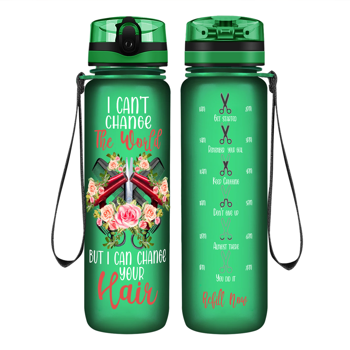 I Can't Change The World But I Can Change Your Hair on 32 oz Motivational Tracking Water Bottle