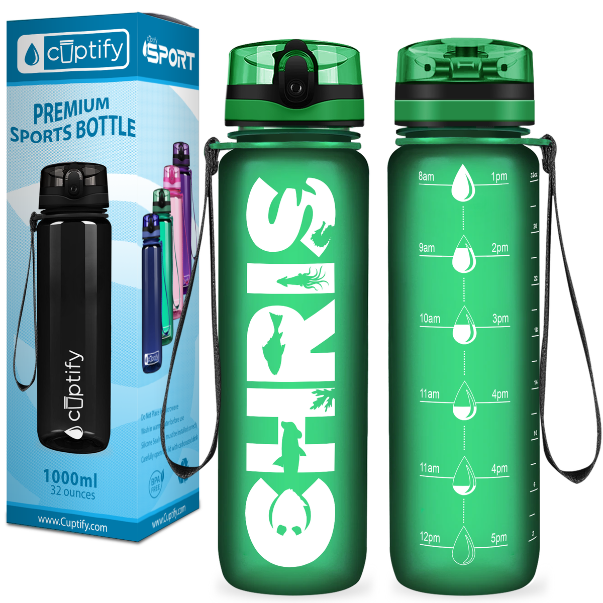 Kids Personalized on Green Frosted 32 oz Motivational Tracking Water Bottle