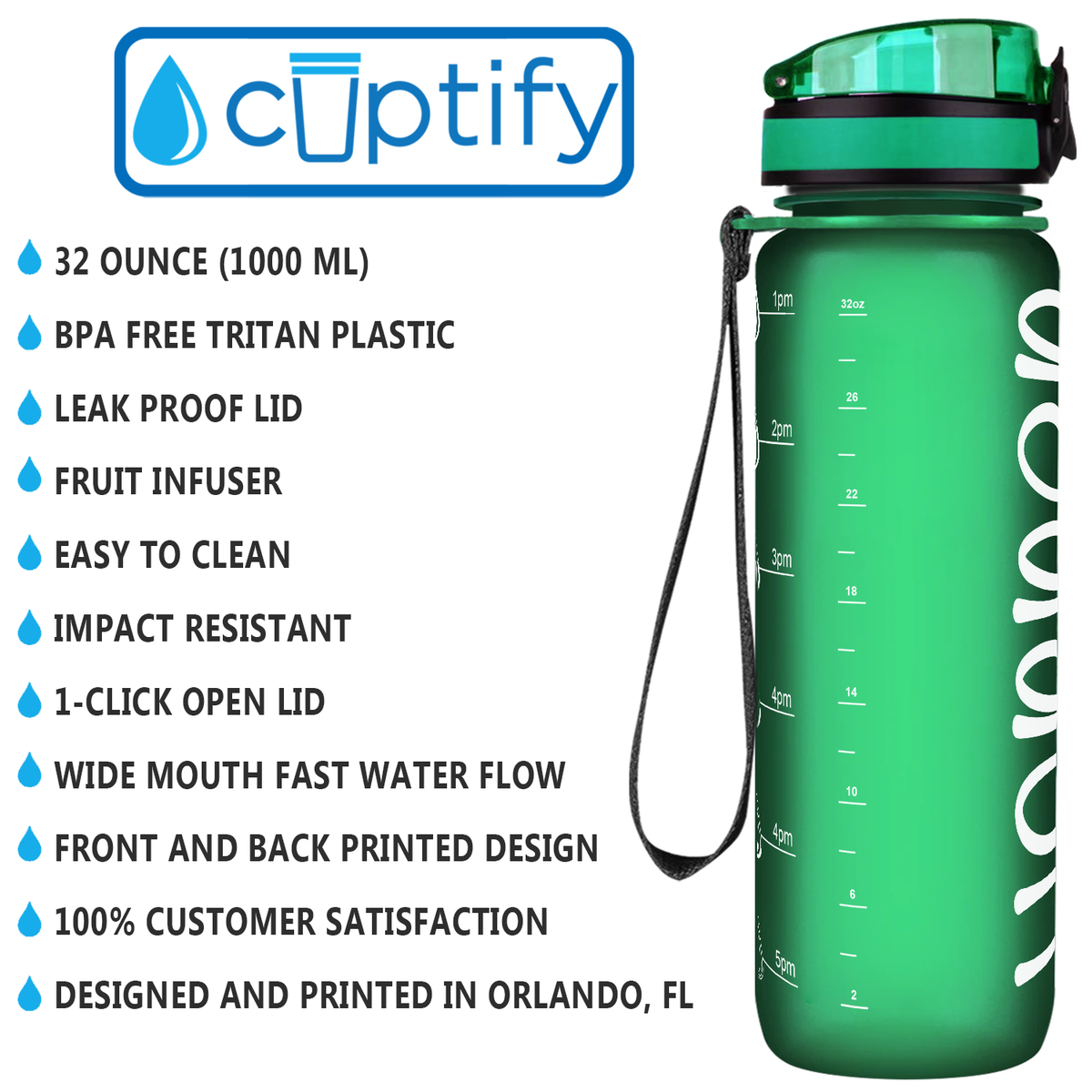 Kids Personalized on Green Frosted 32 oz Motivational Tracking Water Bottle
