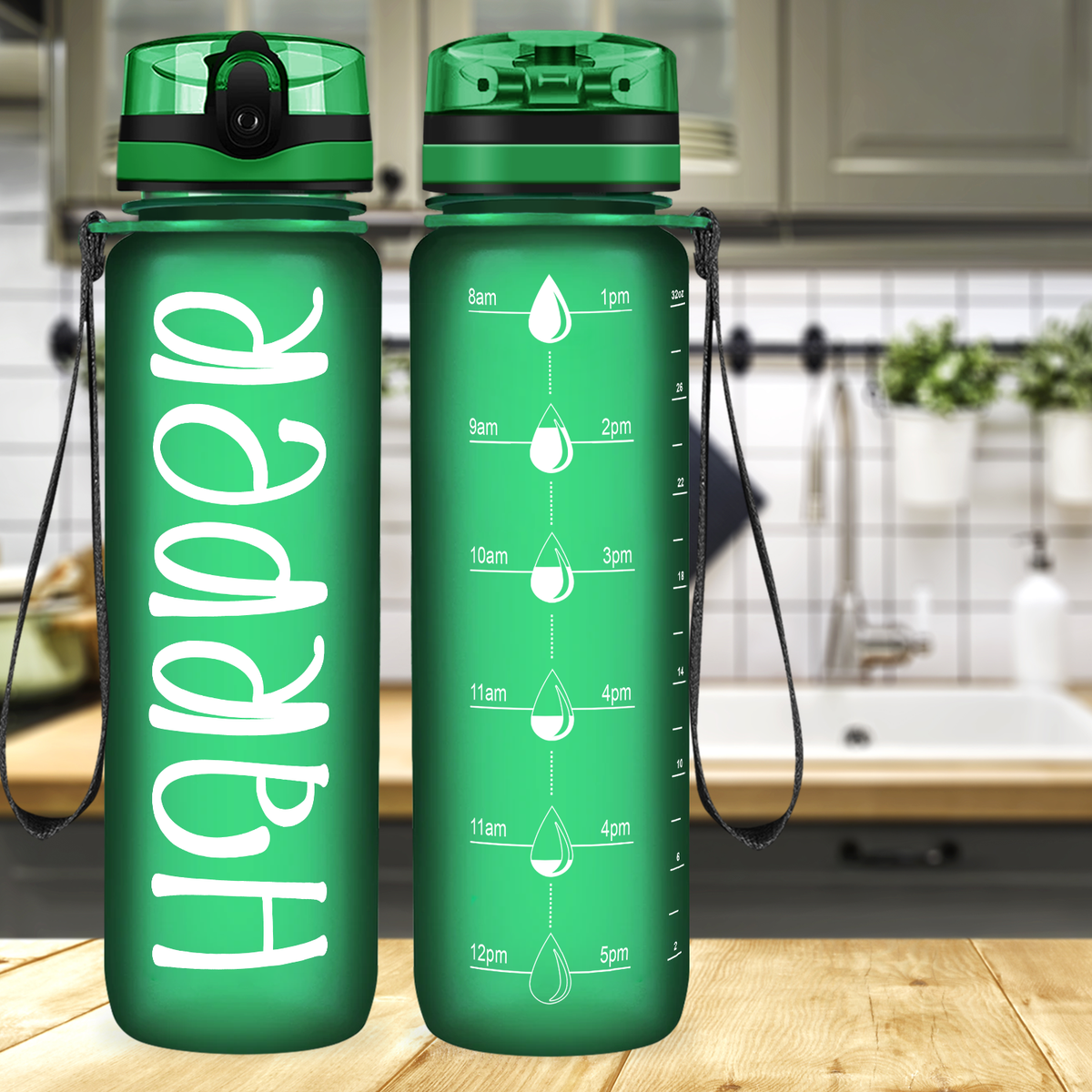Kids Personalized on Green Frosted 32 oz Motivational Tracking Water Bottle