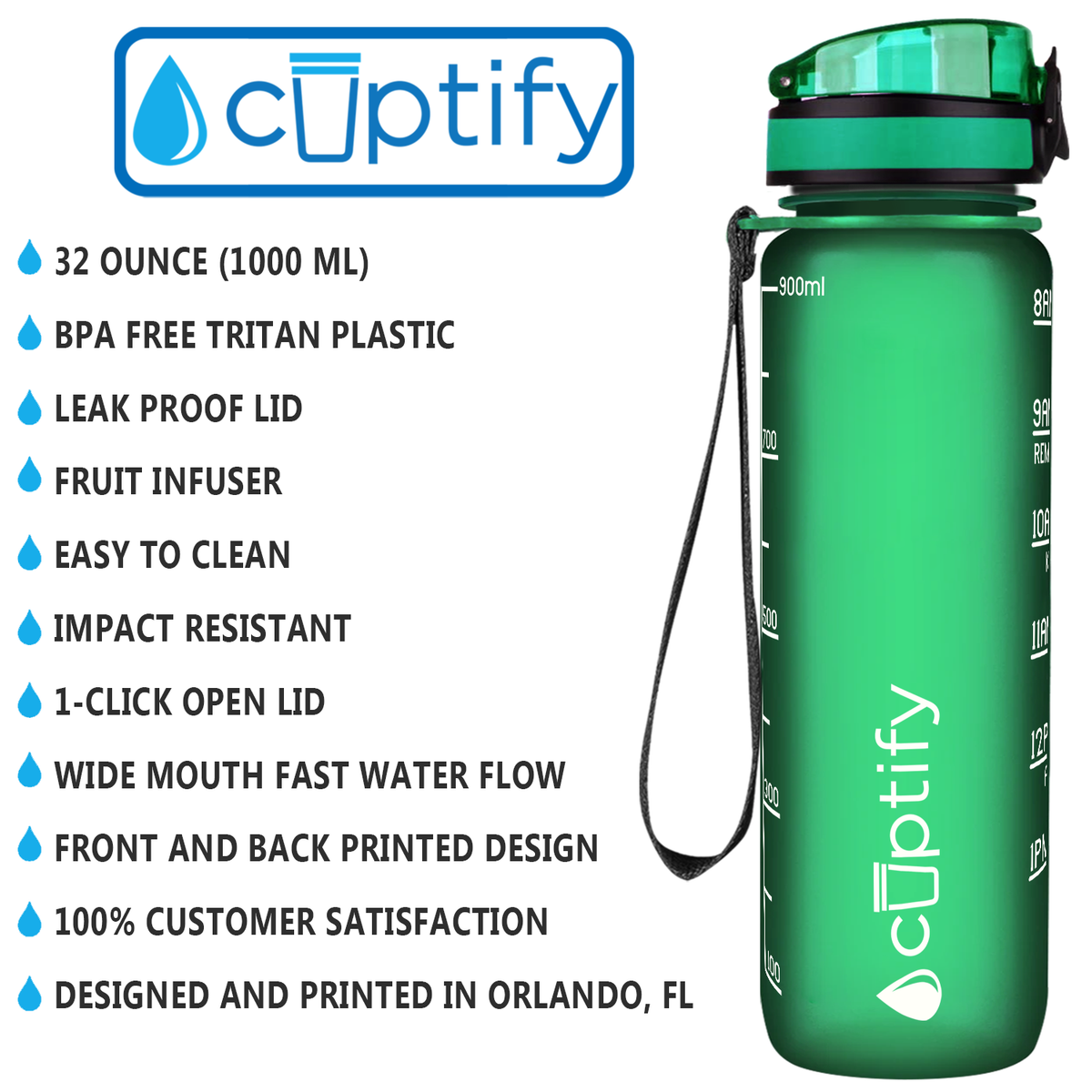 Cuptify Green Frosted 32 oz Motivational Water Bottle