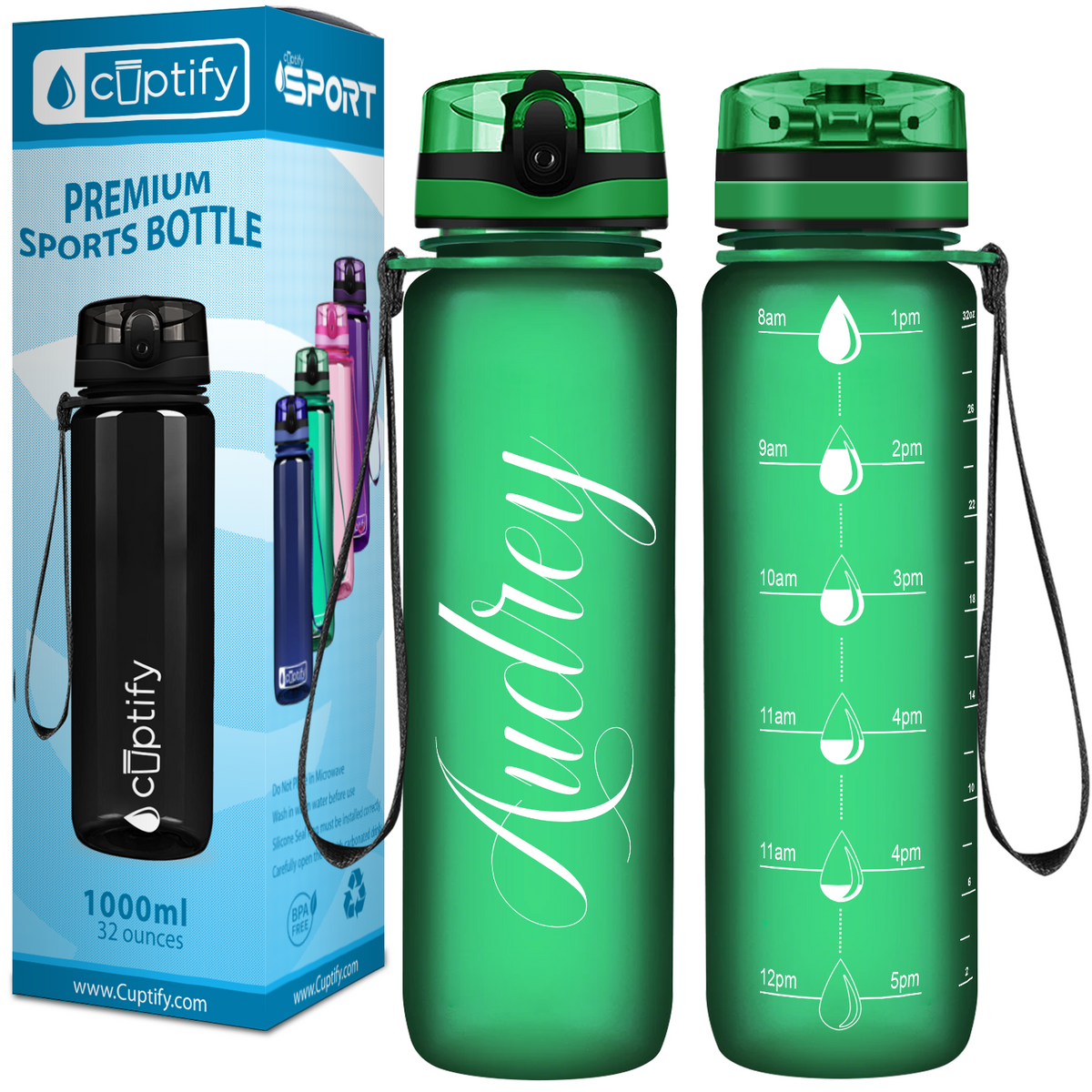 Green Frosted 32 oz Personalized Motivational Tracking Water Bottle