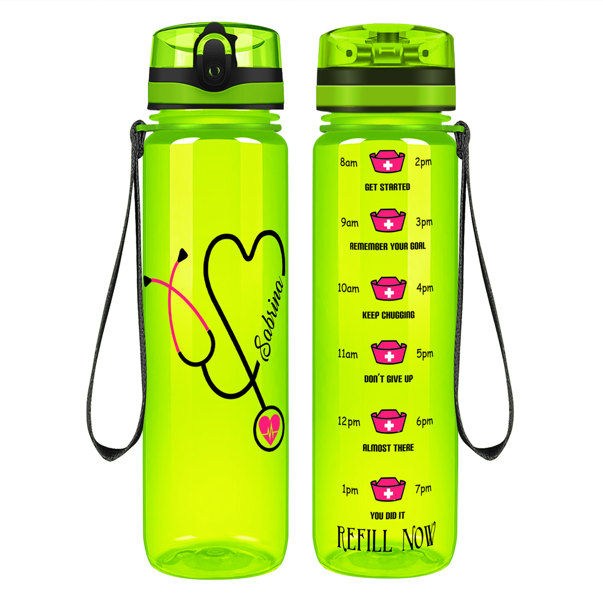 Personalized Nurse Pink Stethoscope Heart on 32oz Motivational Water Bottle