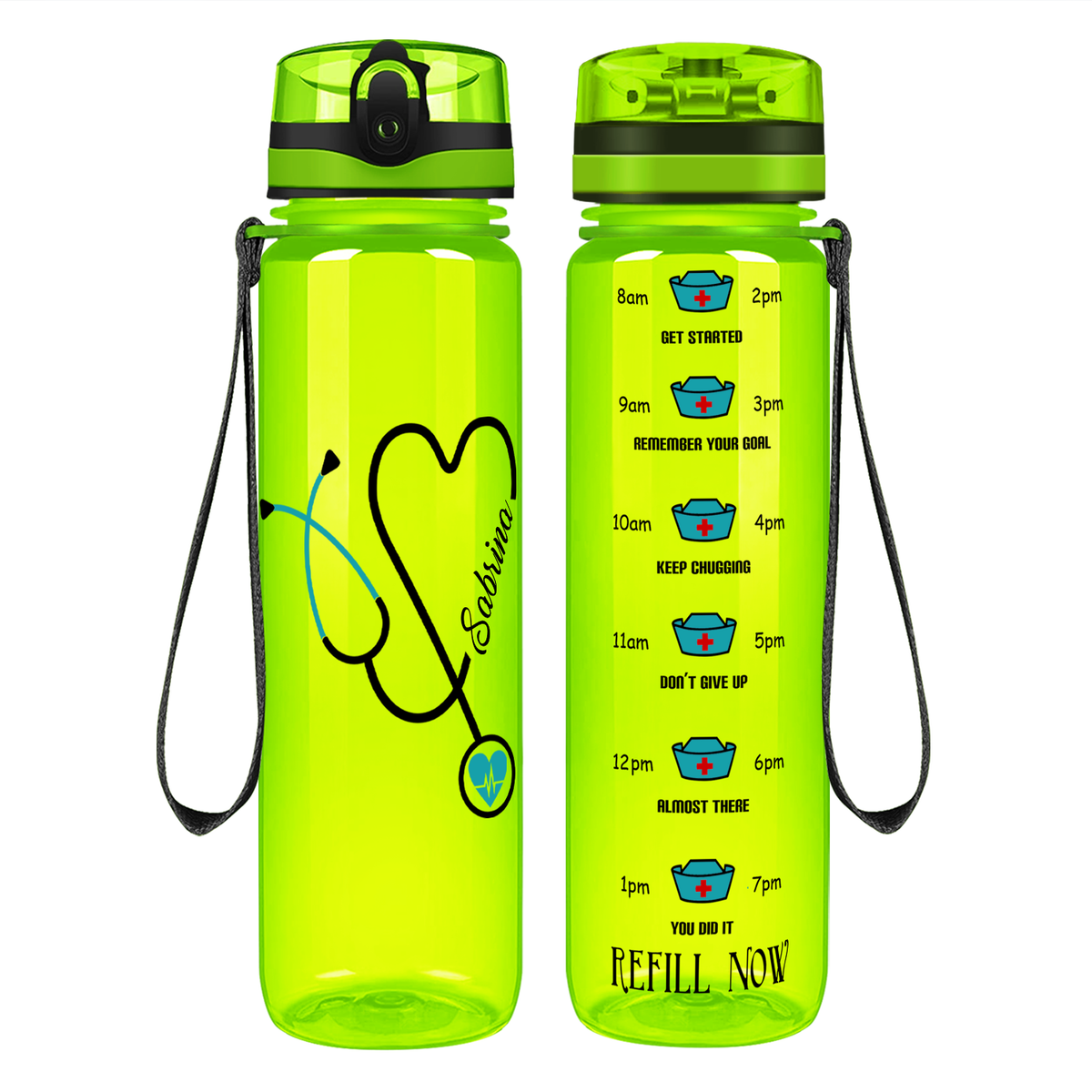 Personalized Nurse Water Bottle Green Stethoscope Heart on 32oz Motivational Tracking Water Bottle