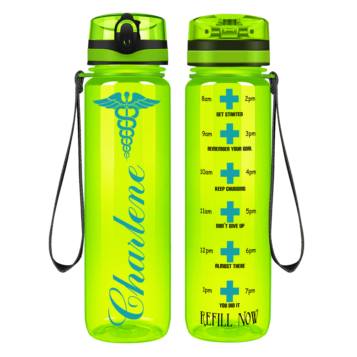 Personalized Nurse Caduceus on 32oz Motivational Tracking Water Bottle