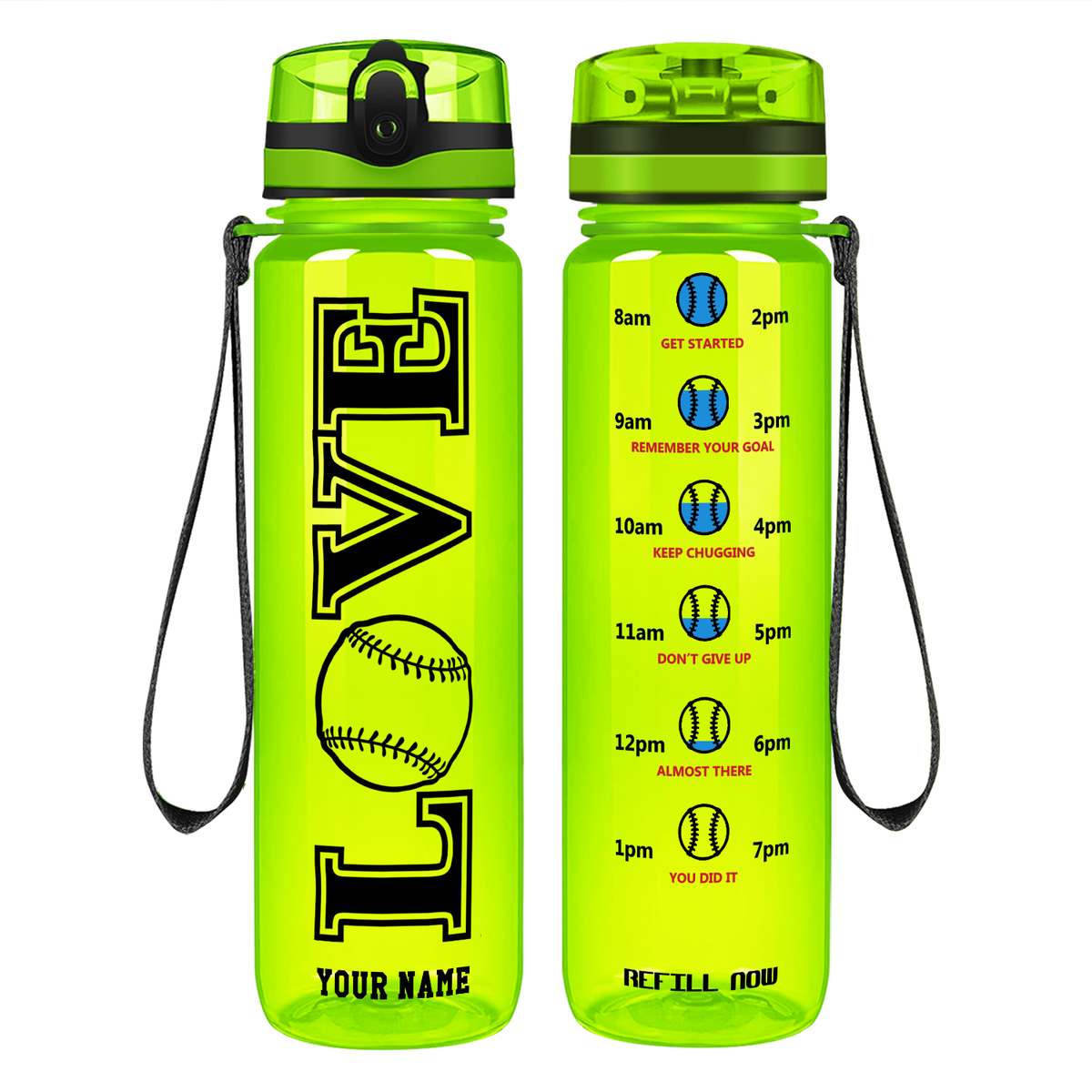 Personalized LOVE Baseball on 32 oz Motivational Tracking Water Bottle