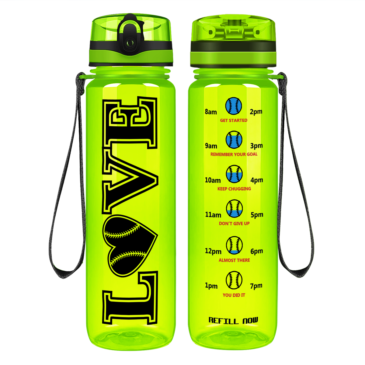 LOVE Baseball Heart on 32 oz Motivational Tracking Water Bottle