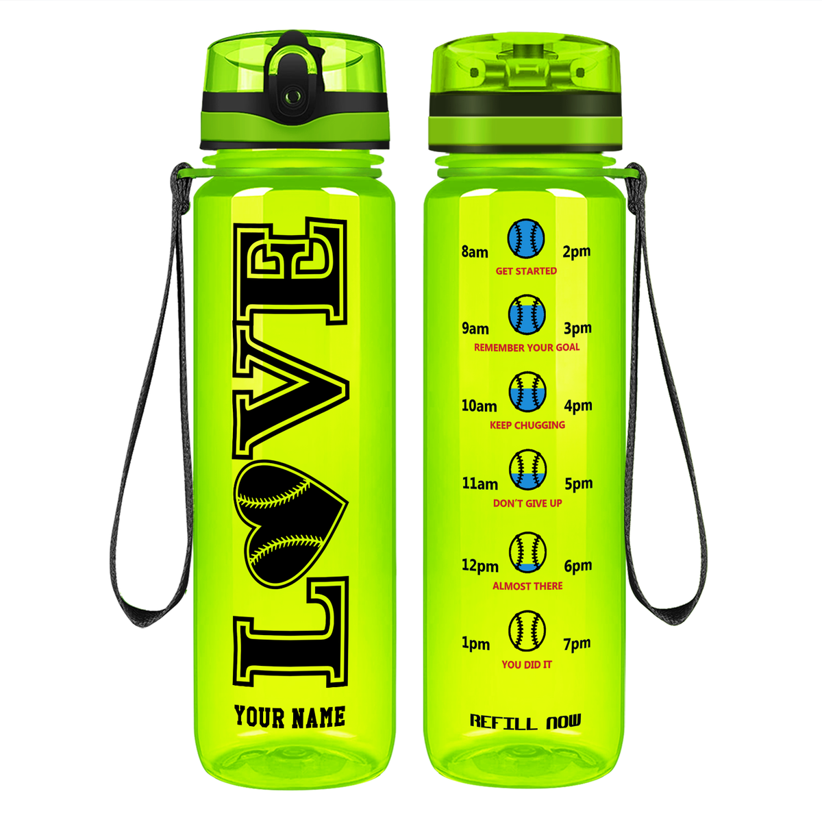 Personalized LOVE Baseball Heart on 32 oz Motivational Tracking Water Bottle
