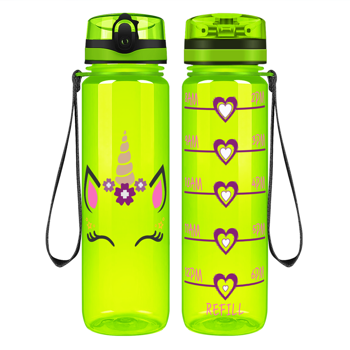 Unicorn Purple Face on 32 oz Motivational Tracking Water Bottle