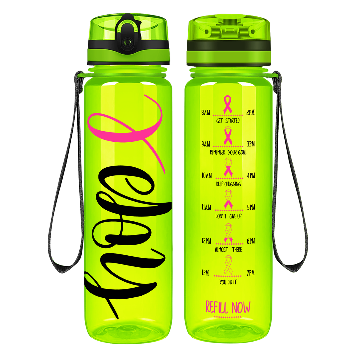 Hope Pink Ribbon on 32 oz Motivational Tracking Breast Cancer Awareness Water Bottle