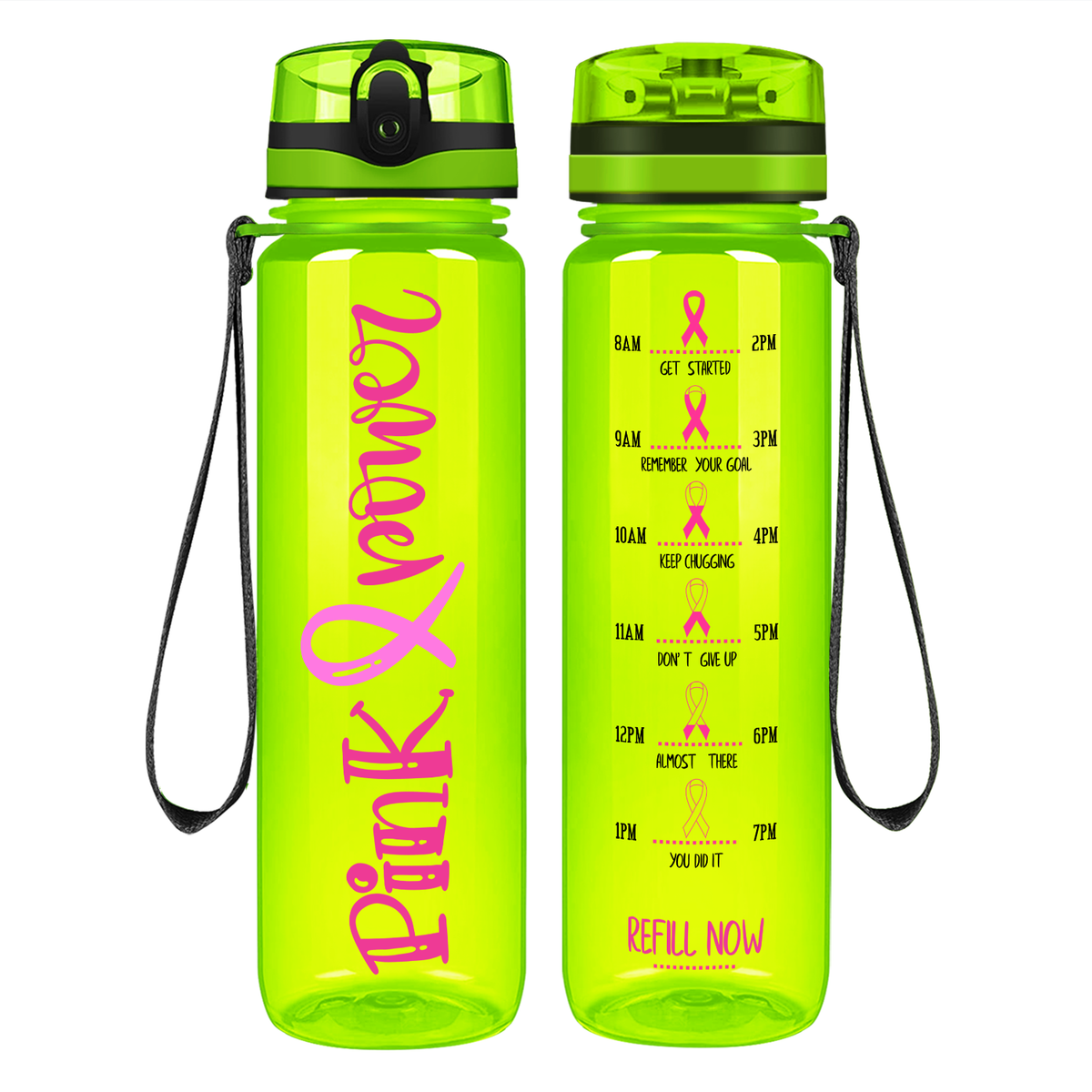 Pink Power on 32 oz Motivational Tracking Breast Cancer Awareness Water Bottle
