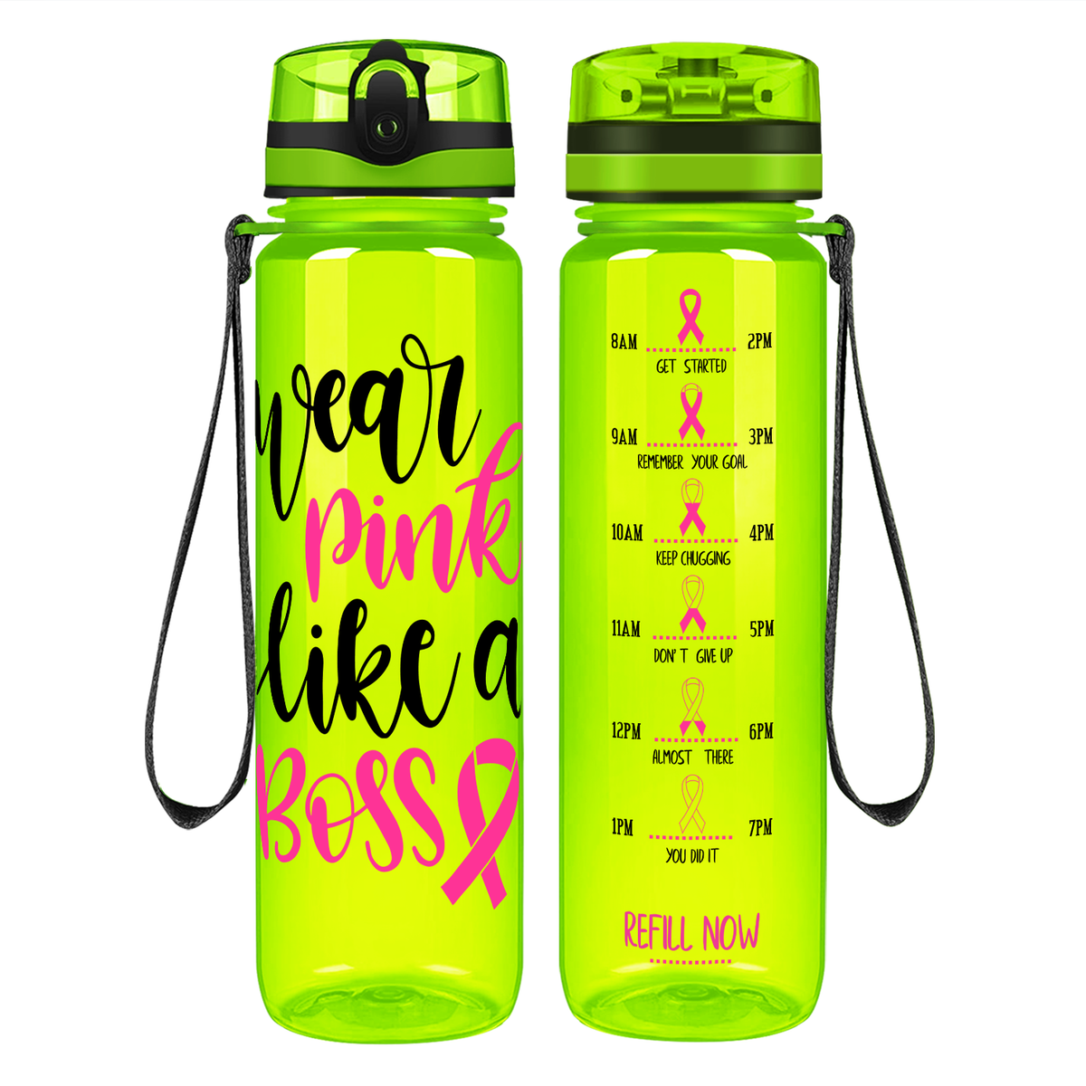 Wear Pink Like a Boss on 32 oz Motivational Tracking Breast Cancer Awareness Water Bottle