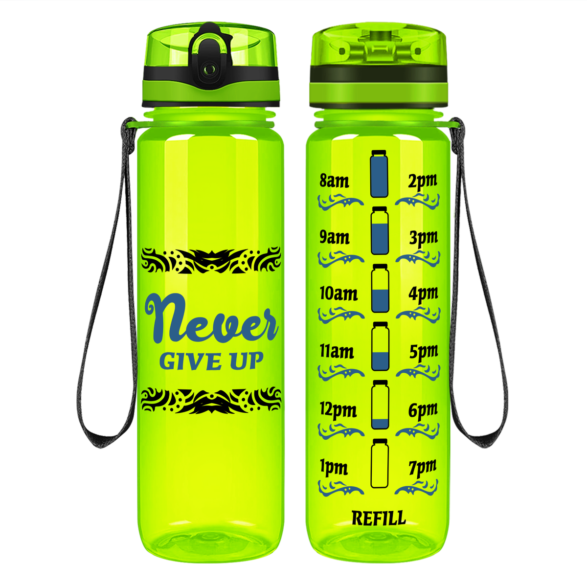 Never Give Up Tribal on 32 oz Motivational Tracking Water Bottle
