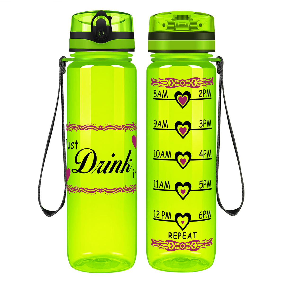 Just Drink It Heart on 32 oz Motivational Tracking Water Bottle