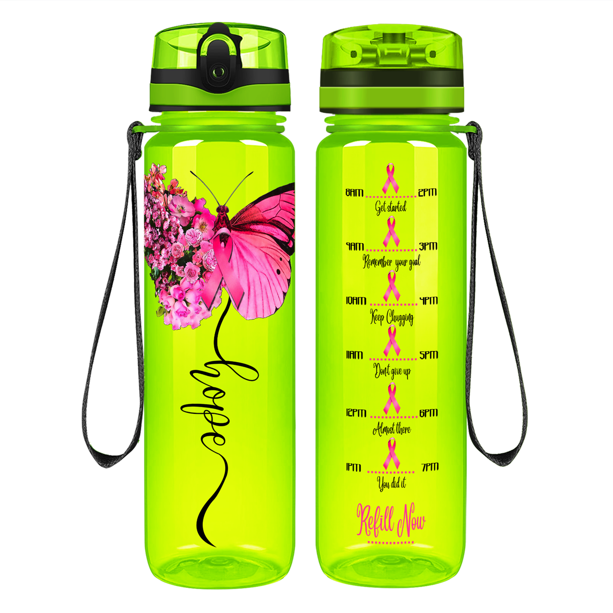 Breast Cancer Hope Butterfly on 32 oz Motivational Tracking Breast Cancer Awareness Water Bottle