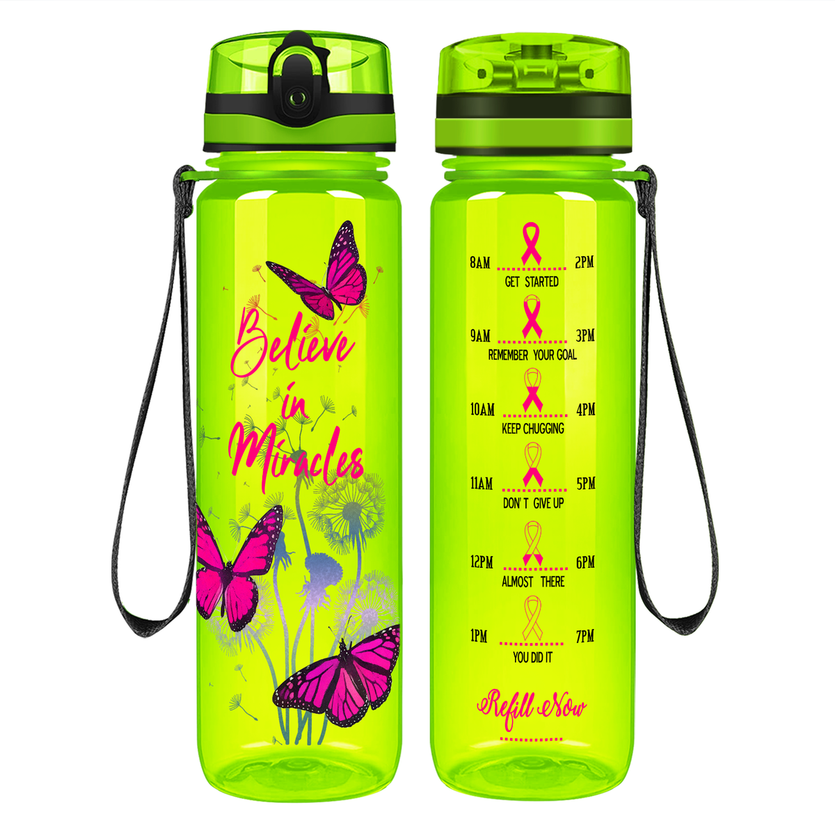 Believe in Miracles on 32 oz Motivational Tracking Breast Cancer Awareness Water Bottle