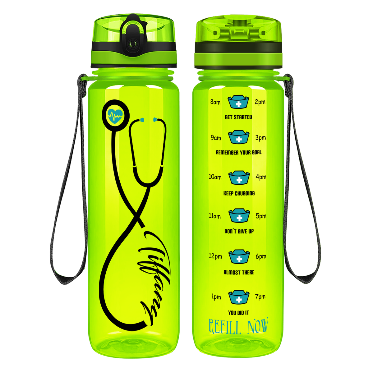 Personalized Nurse Stethoscope Seafoam on 32oz Motivational Tracking Water Bottle