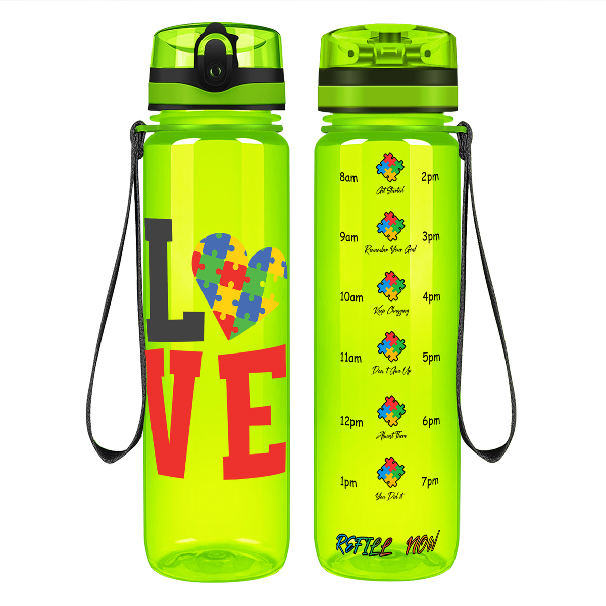 Autism Love on 32 oz Motivational Tracking Water Bottle