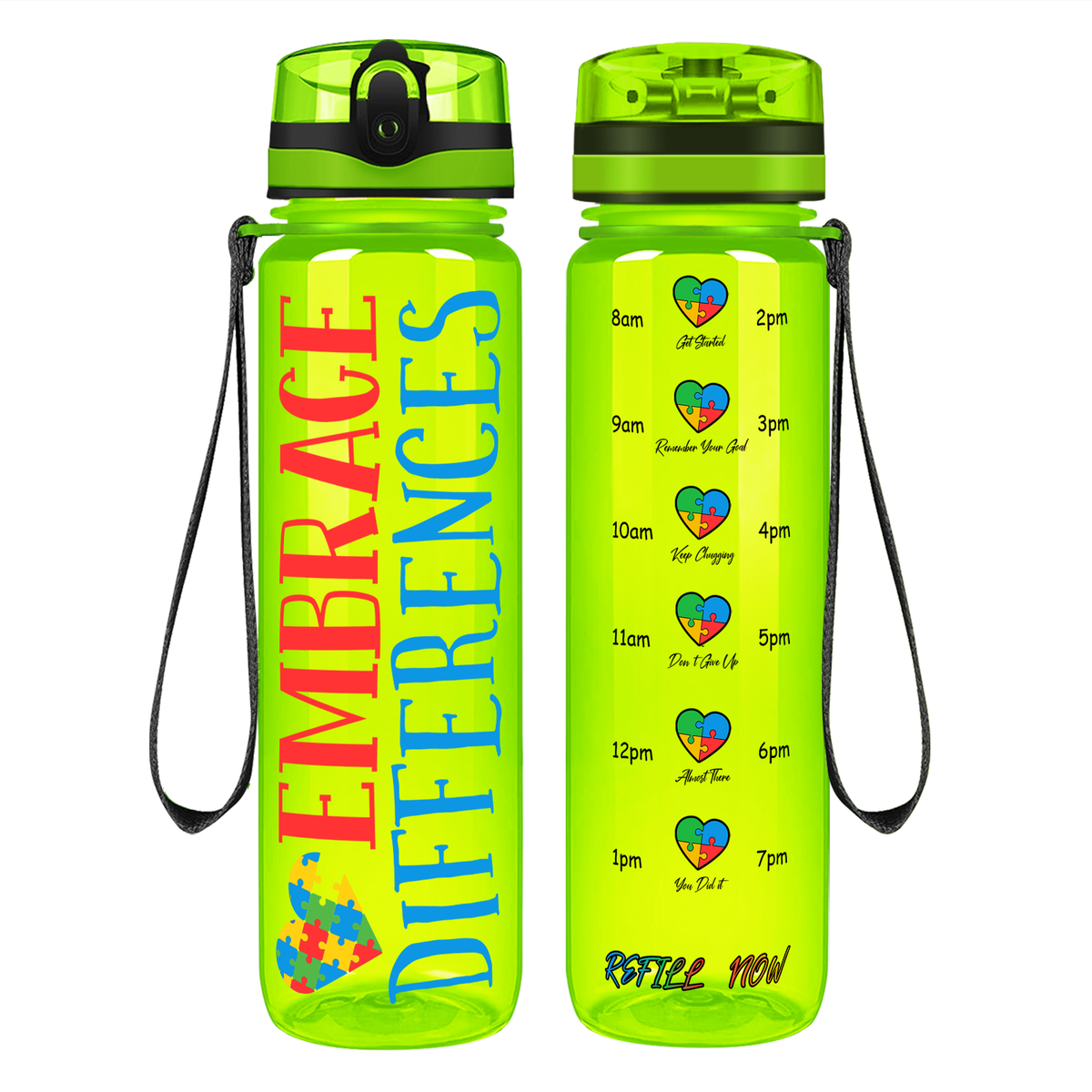 Embrace Differences on 32 oz Motivational Tracking Autism Water Bottle