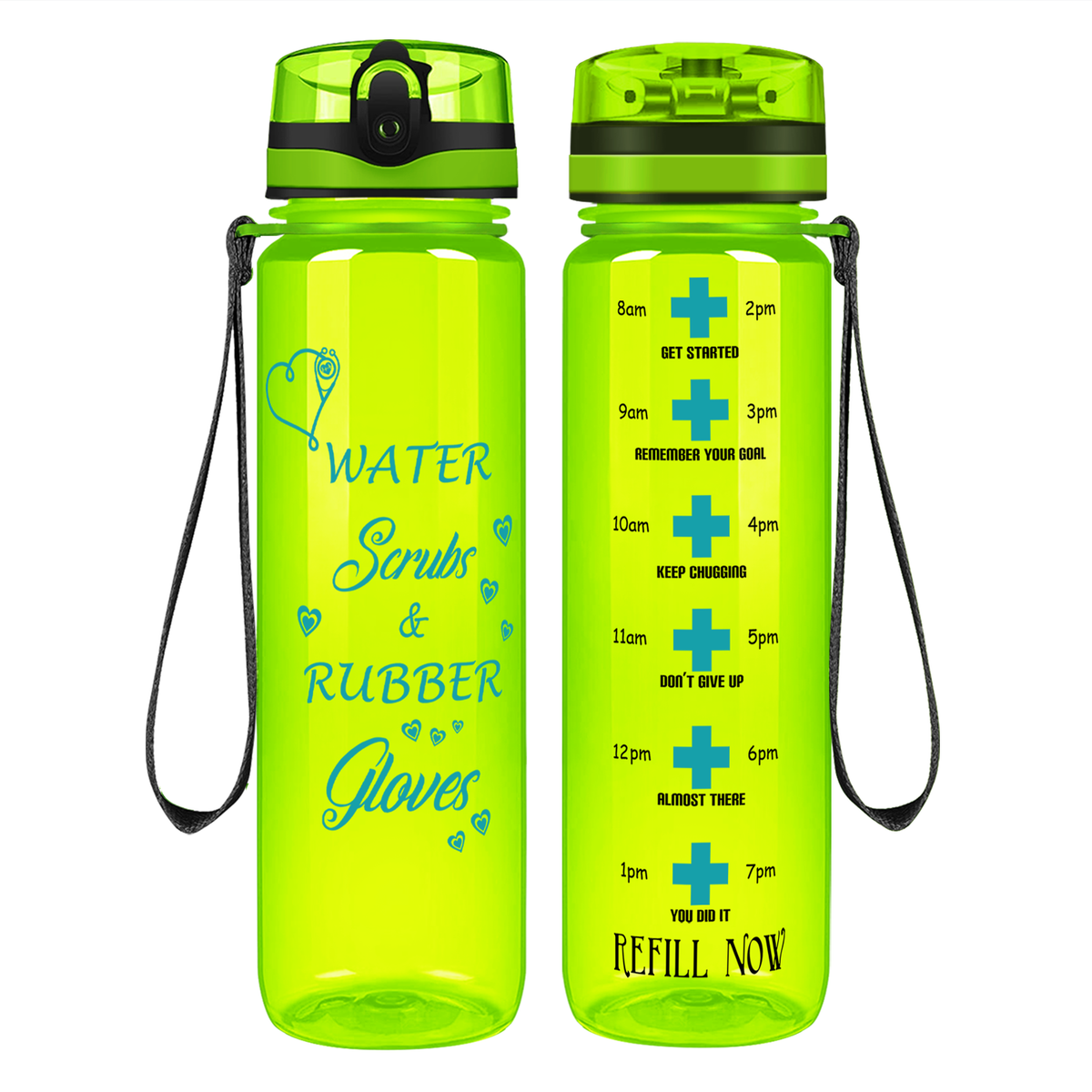 Water Scrubs and Rubber Gloves on 32oz Motivational Tracking Nurse Water Bottle