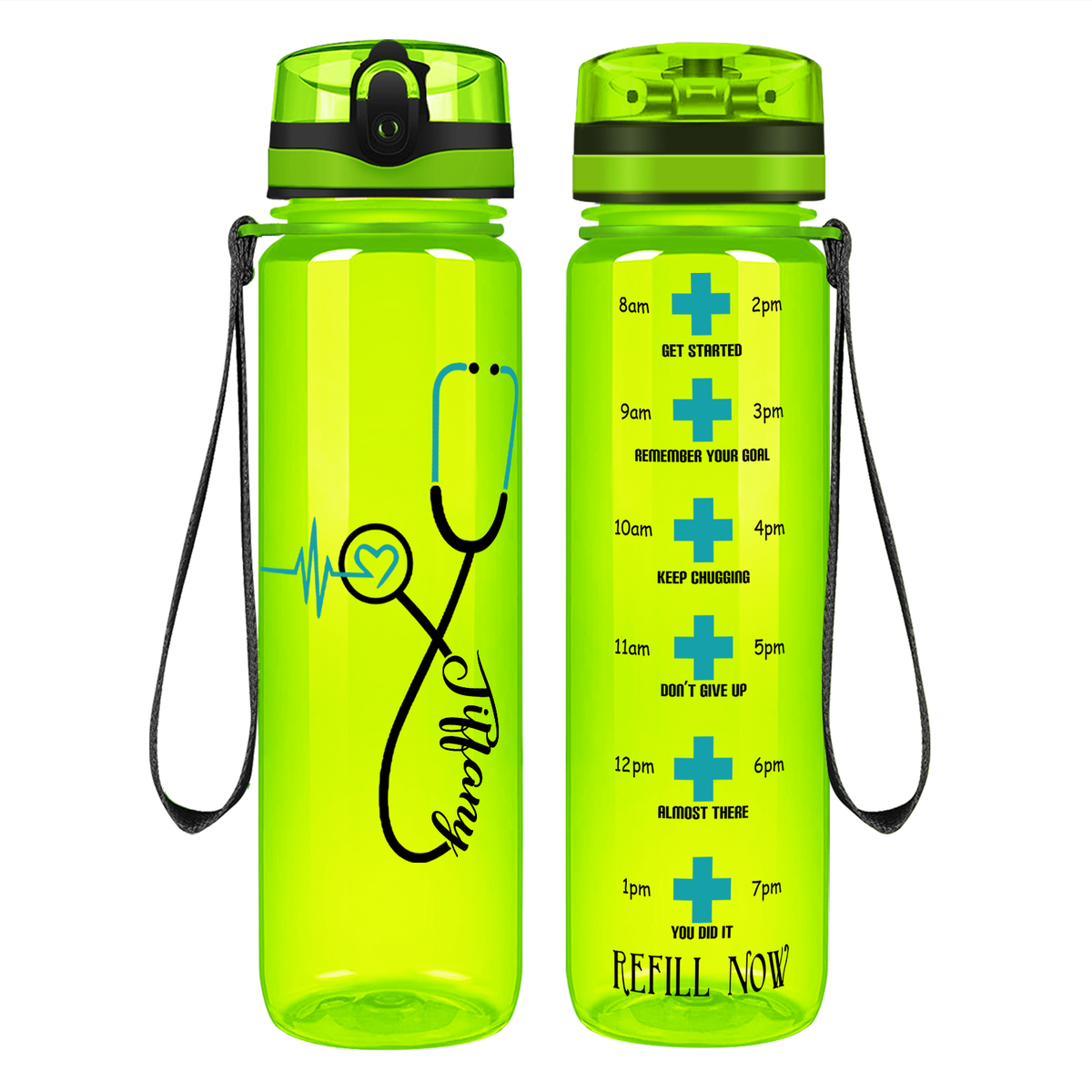 Personalized Seafoam Heart Nursing Stethoscope on 32oz Motivational Tracking Water Bottle