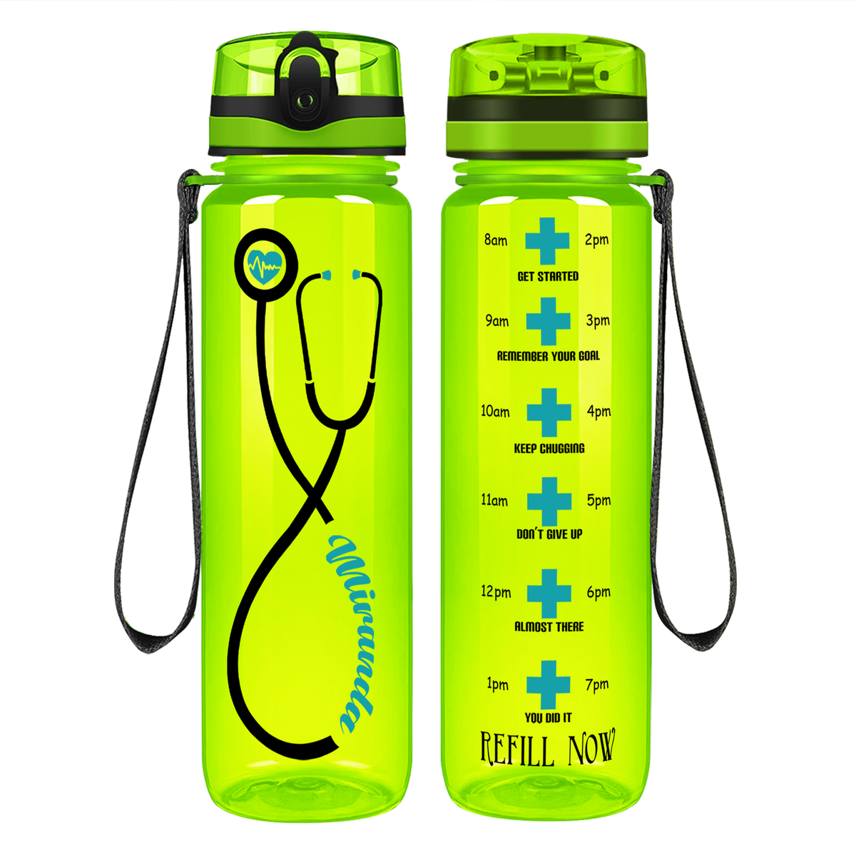 Personalized Heartbeat Nurse Stethoscope on 32oz Motivational Tracking Water Bottle