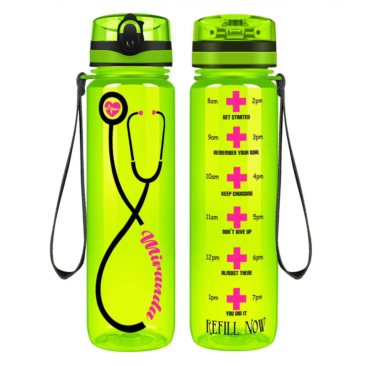 Personalized Heartbeat Nurse Pink Stethoscope on 32oz Motivational Tracking Water Bottle