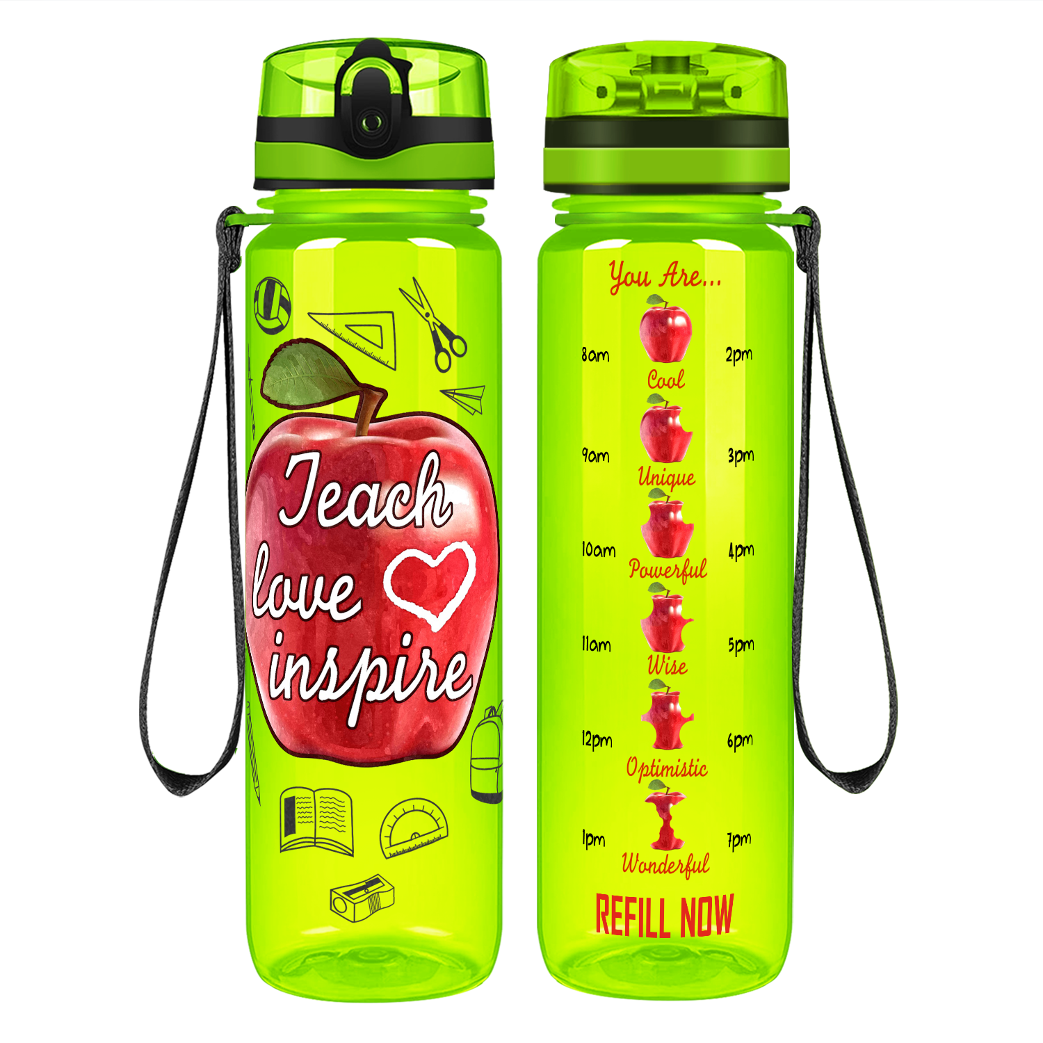 Teach Love Inspire Apple on 32 oz Motivational Tracking Water Bottle