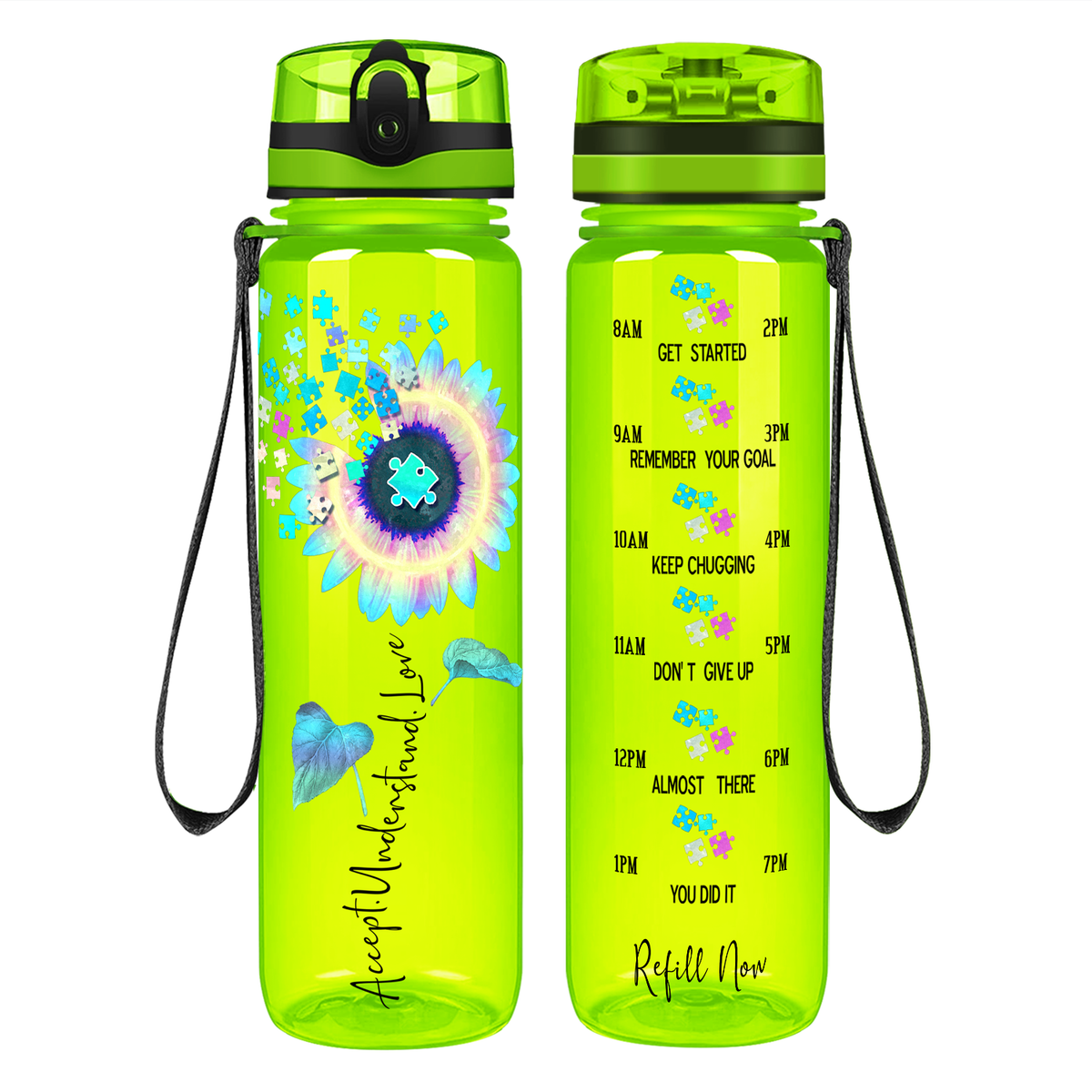 Accept Understand Love Autism Sunflower 32 oz Motivational Tracking Water Bottle