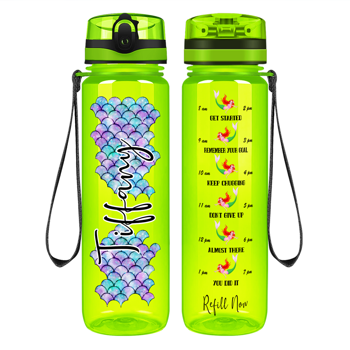 Personalized Mermaid Scales on 32 oz Motivational Tracking Water Bottle