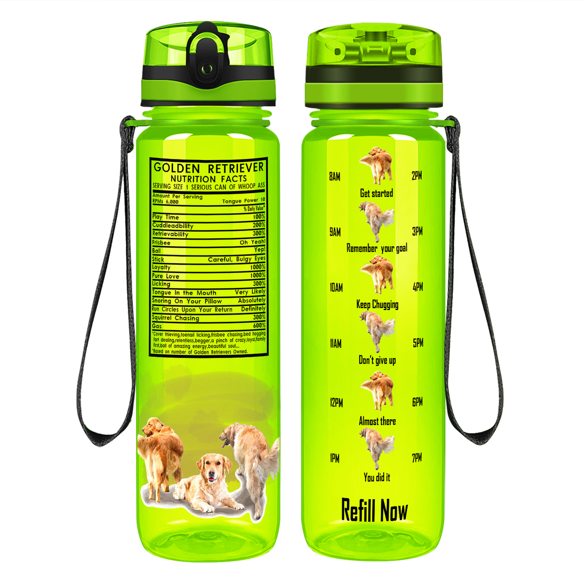 Golden Retriever Nutrition Facts on 32 oz Motivational Tracking Water Bottle