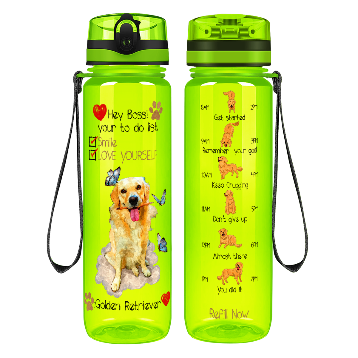 Hey Boss! Your To Do List Golden Retriever on 32 oz Motivational Tracking Water Bottle