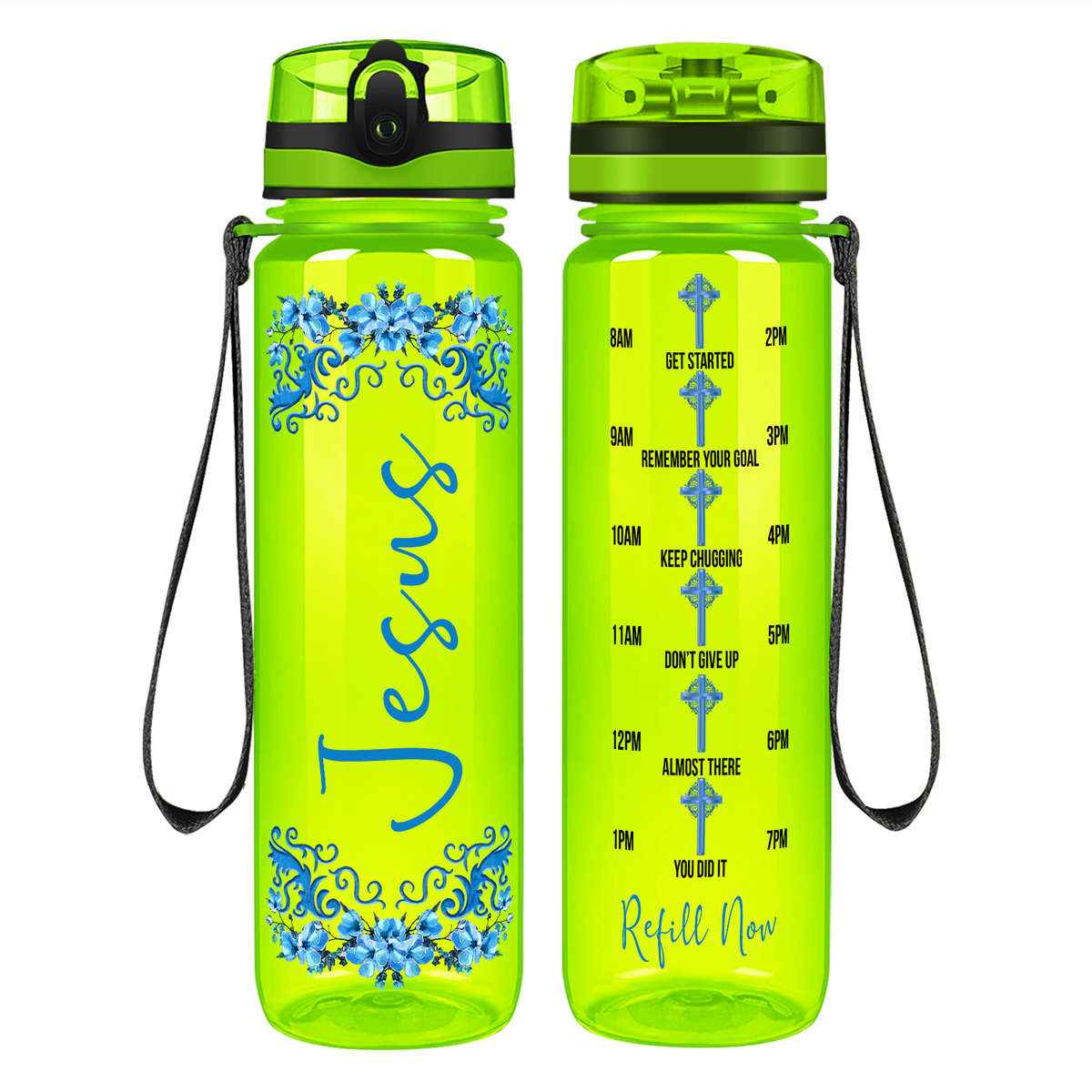 Jesus Blue Fowers Design on 32 oz Motivational Tracking Water Bottle
