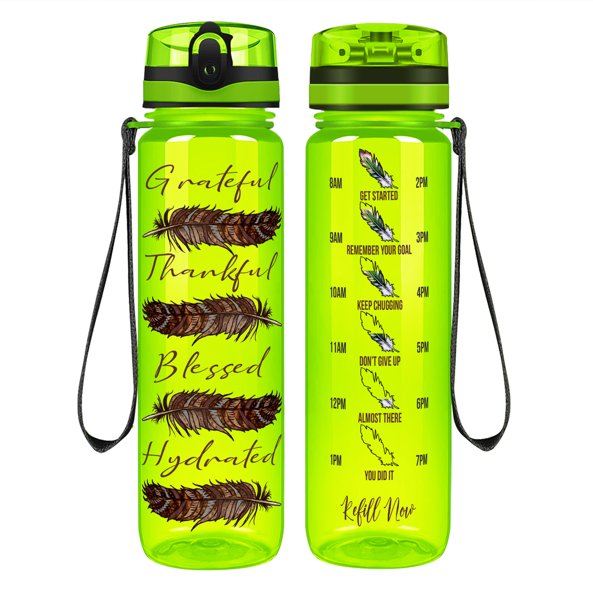 Grateful Thankful Blessed Hydrated with Feathers on 32 oz Motivational Tracking Water Bottle