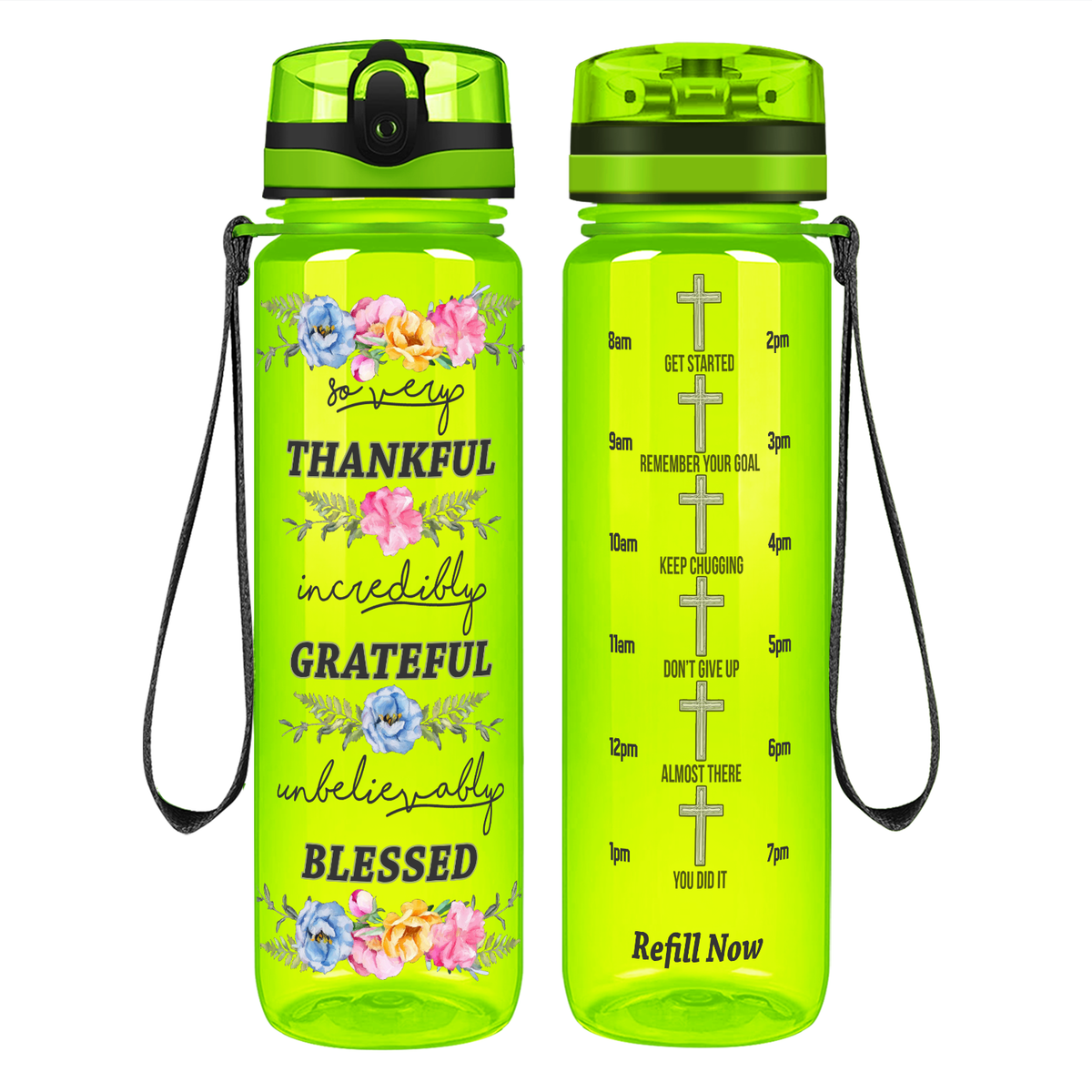 Thankful Grateful Blessed on 32 oz Motivational Tracking Water Bottle