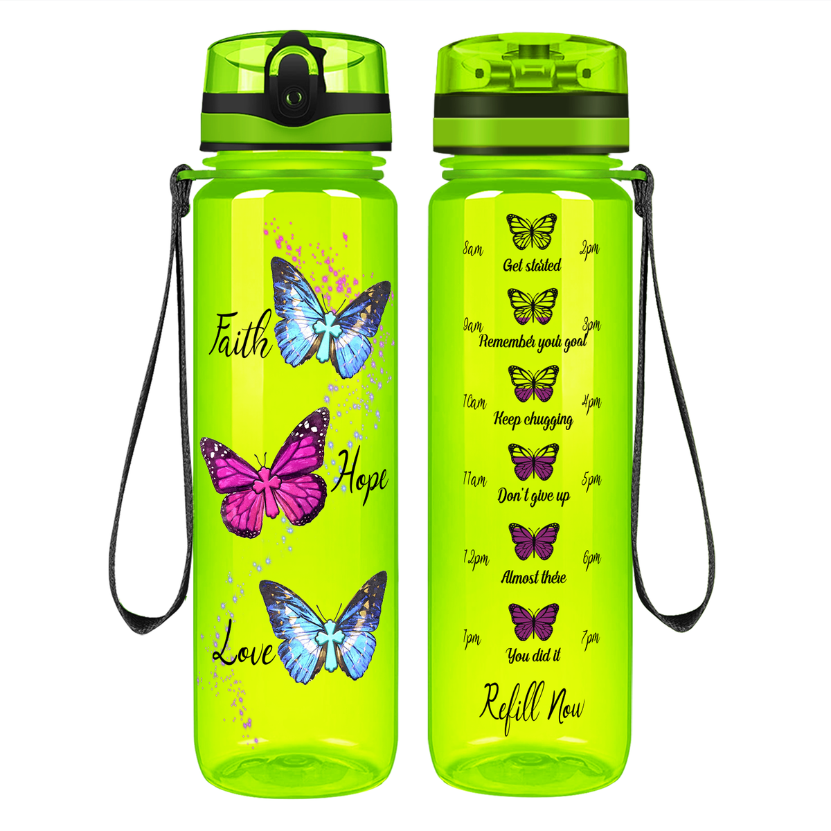 Faith Hope Love Butterflies on 32 oz Motivational Tracking Water Bottle