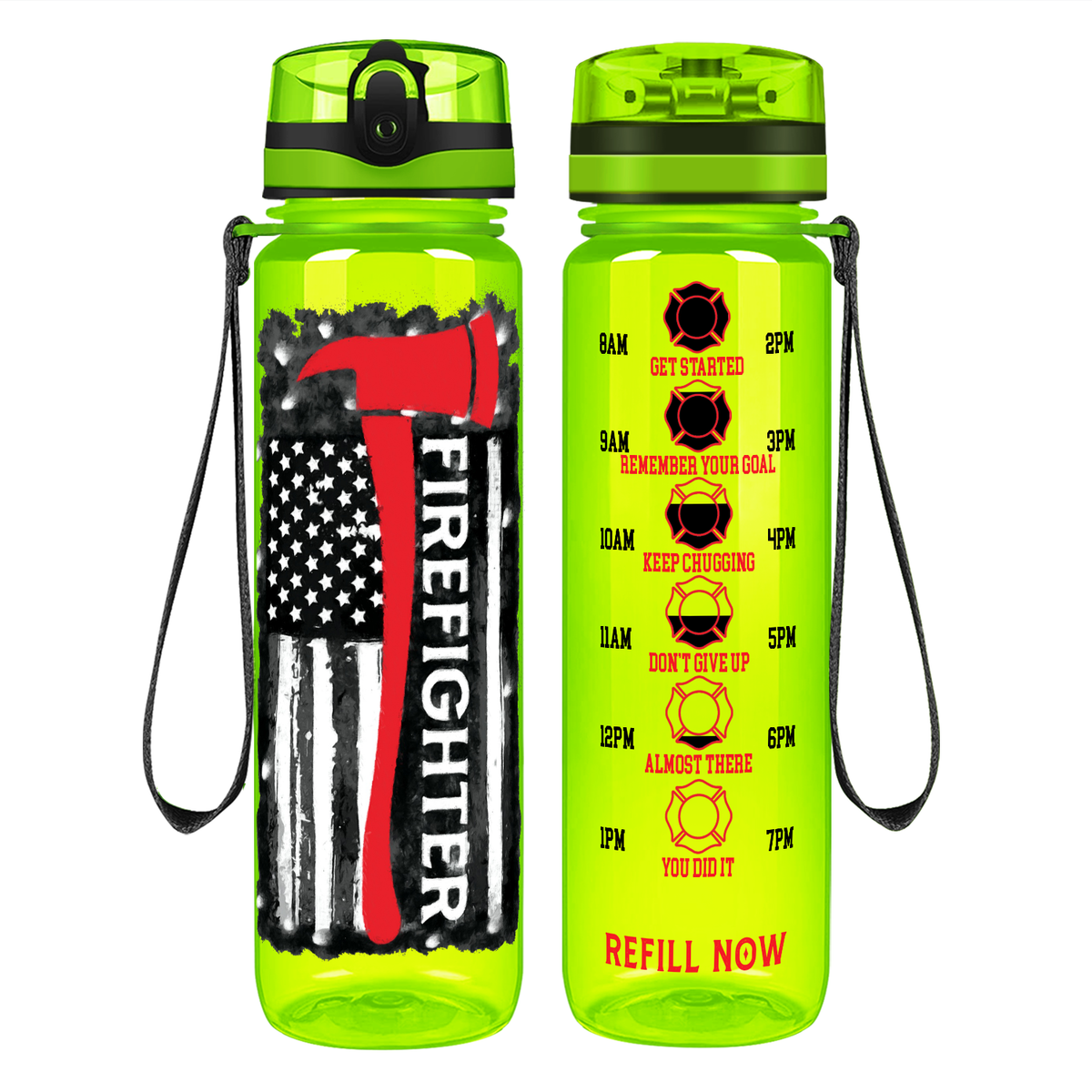 Firefighter Axe Distressed Flag on 32 oz Motivational Tracking Water Bottle