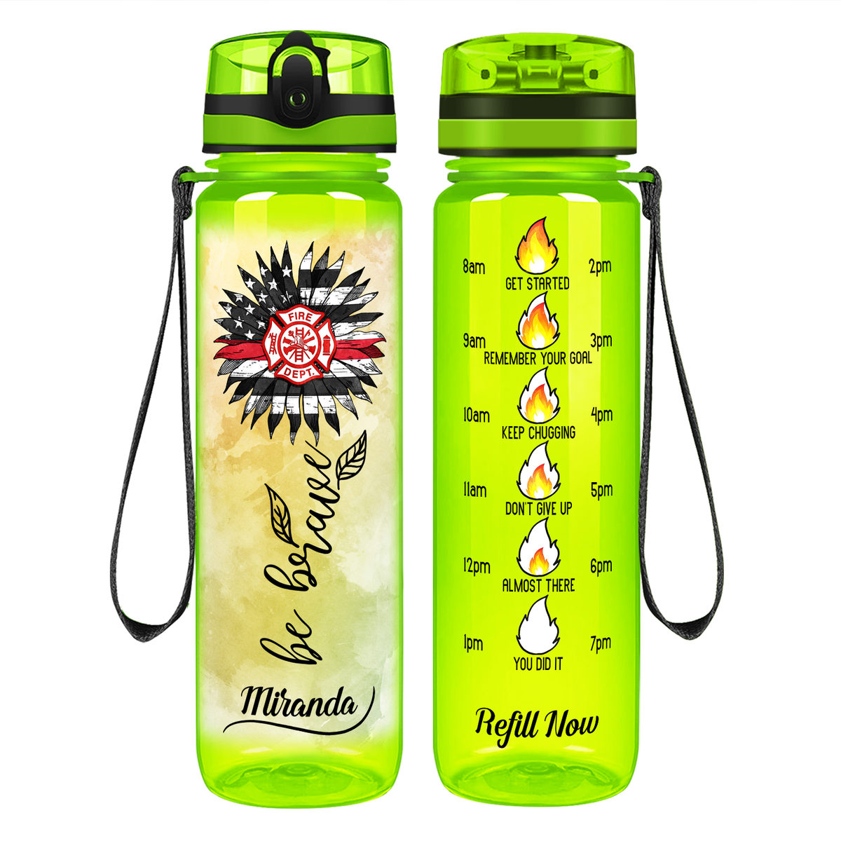 Personalized Firefigher Be Brave on 32 oz Motivational Tracking Water Bottle