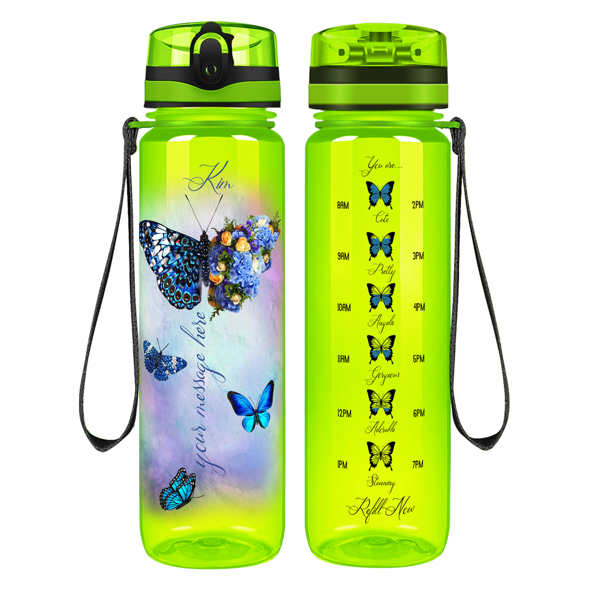 Personalized Butterflies with Name and Custom Message on 32 oz Motivational Tracking Water Bottle