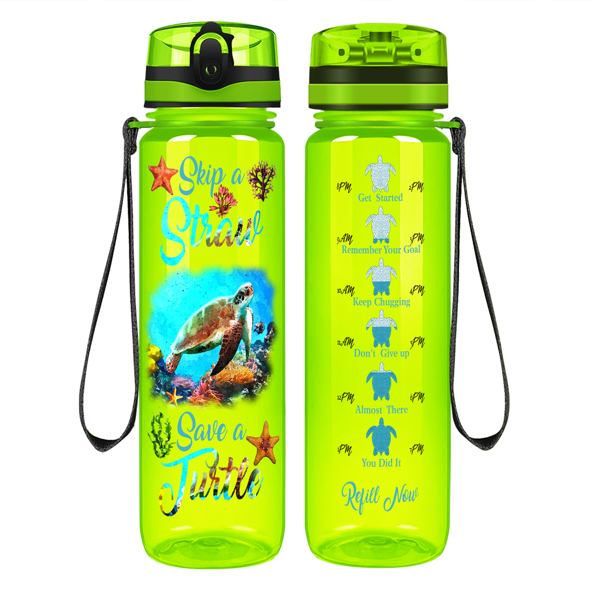 Skip A Straw Save A Turtle on 32 oz Motivational Tracking Water Bottle