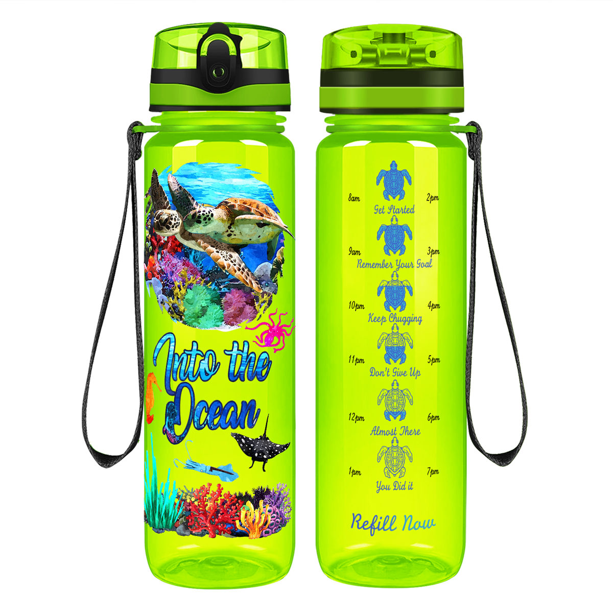 Turtles Into The Ocean on 32 oz Motivational Tracking Water Bottle