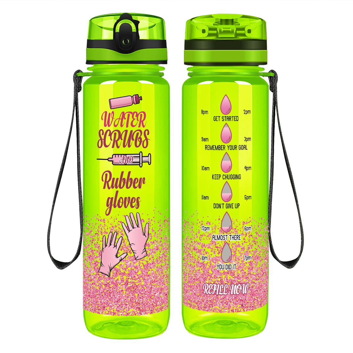 Pink Water Scrubs and Rubber Gloves on 32oz Motivational Tracking Nurse Water Bottle